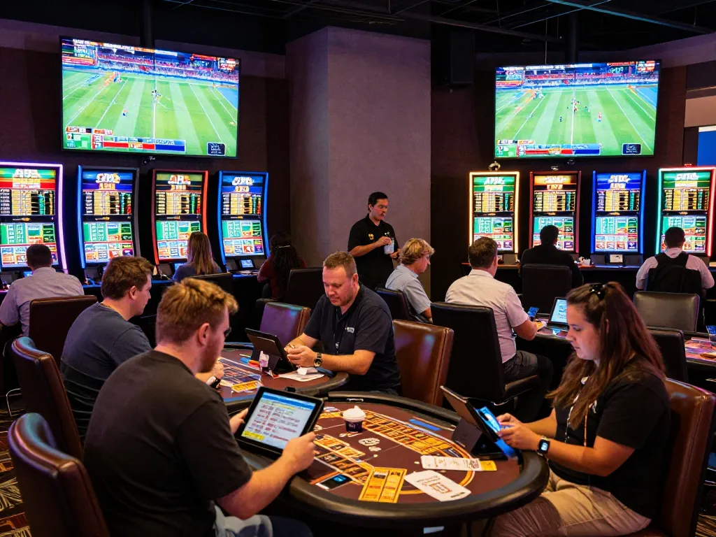 Soi kèo strategies come alive in a bustling sports betting lounge with live odds on display.
