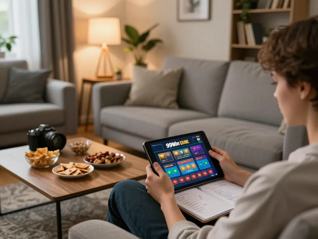 Engaged player enjoying 99Win online casino games on a tablet in a cozy home setup