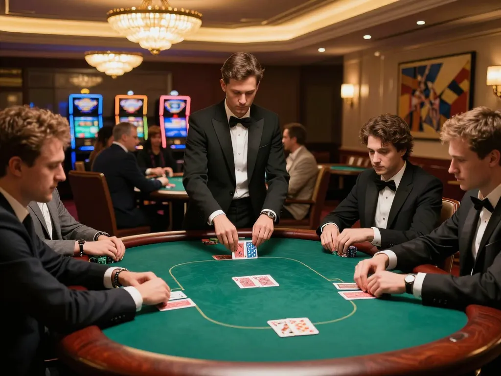 Poker players strategizing at a high-stakes game in an elegant casino, showcasing viral88 excitement.