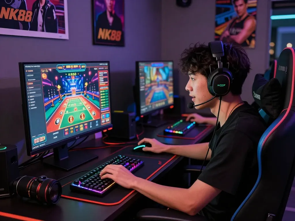 Gamer engaging with NK88 online casino platform, showcasing gaming setup with RGB lights and high-tech accessories.