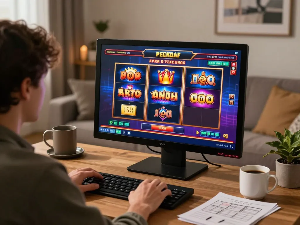 Engaging in Canada online casinos with a vibrant online gaming session at home, enjoying slots.
