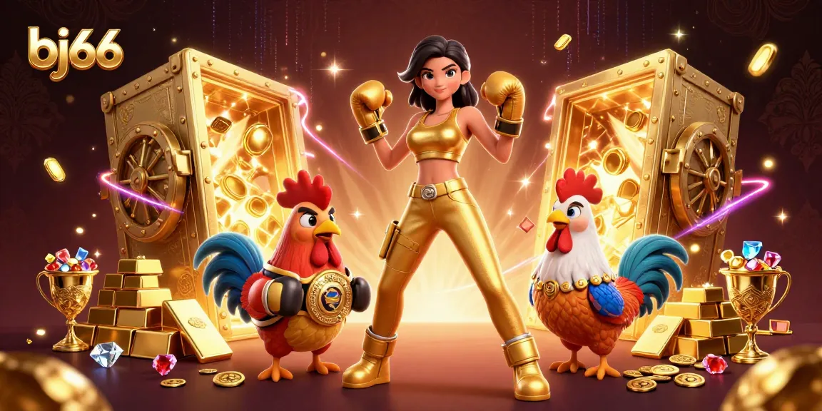 Watch bj66's thrilling casino action featuring a fierce woman and championship rooster in a vibrant 3D illustration.