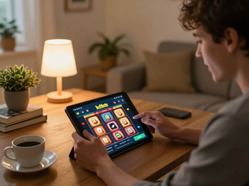 Experience engaging with kdslots on a tablet, enjoying a cozy online gambling setup.