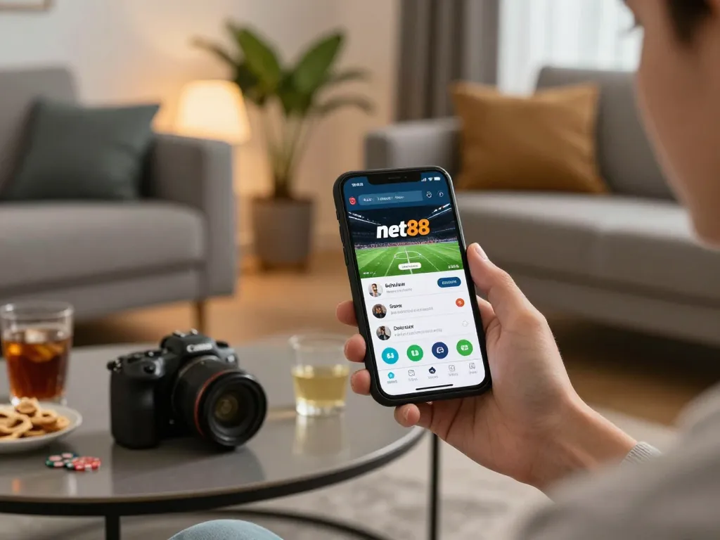 Engaging sports betting experience on net88 app in a cozy home setting.