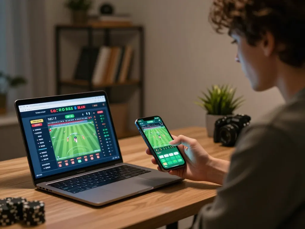 Tip88 player analyzing betting odds on smartphone in a cozy home office.