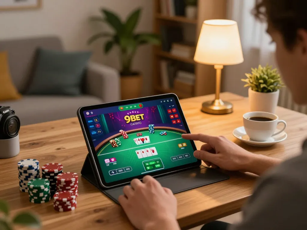Engaging with the 9bet casino app on a tablet during a cozy home gaming session.