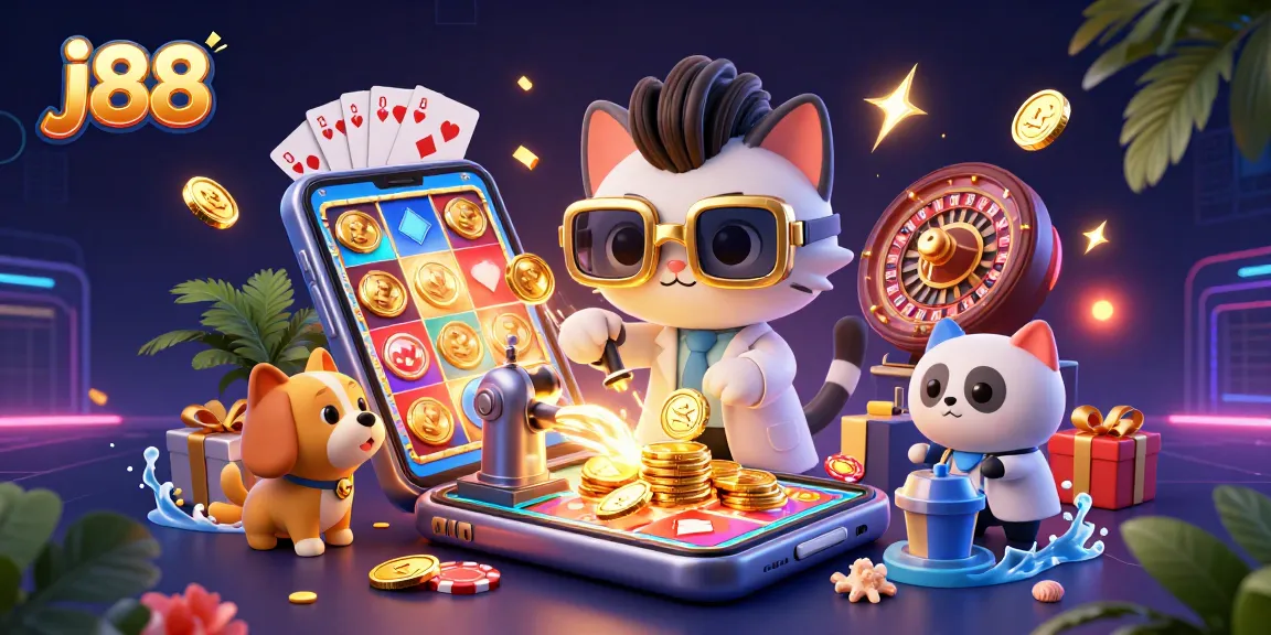 Experience the thrill of j88 casinos with playful characters in a vibrant, action-packed scene.