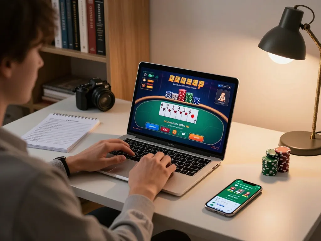 Player engaging in an online poker game at home using uu88 platform, showcasing a cozy gaming setup.