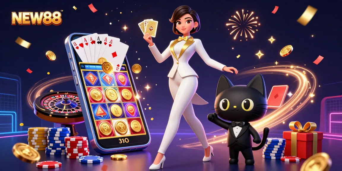 Experience thrilling gaming at NEW88, featuring vibrant visuals of a glamorous dealer and dynamic casino elements.