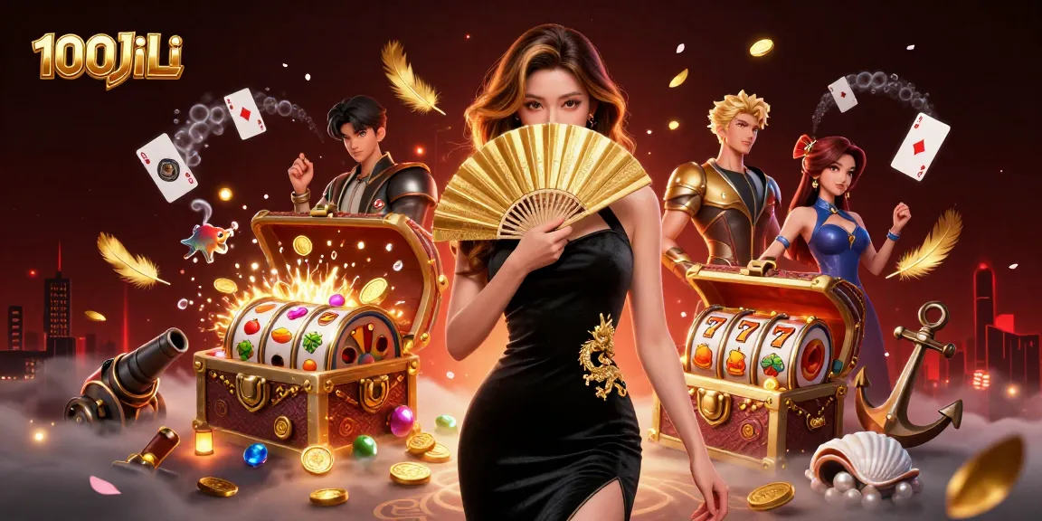 Experience the magic of 100JiLi with a captivating Asian woman amidst gold coins, slots, and stunning visuals.