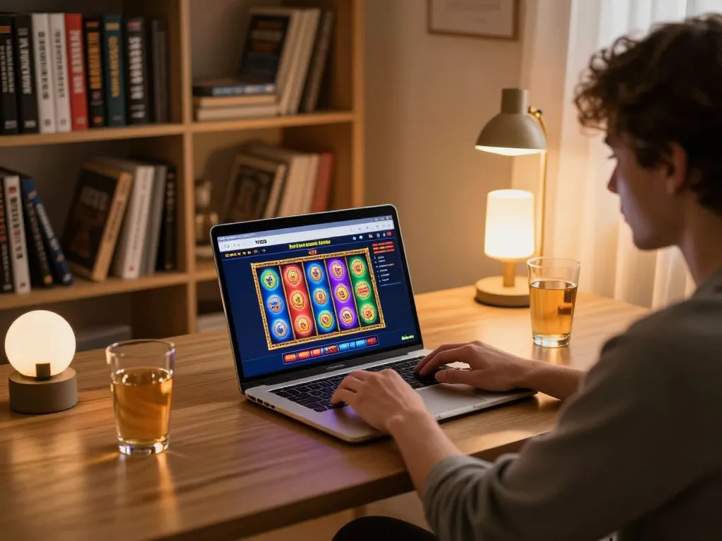The player engaging with the TR88 link for online slot games, showcasing an inviting home setup.