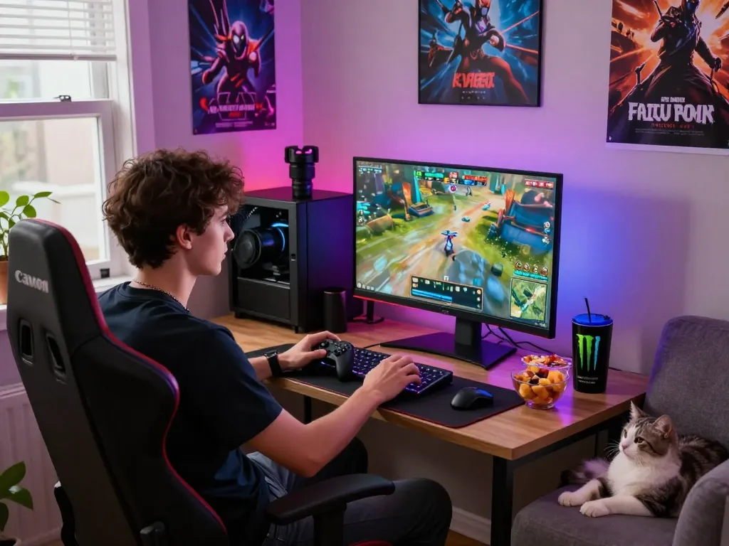 Engaging scene of online gaming with sun win graphics displayed on the screen, highlighting a cozy and vibrant gaming atmosphere.