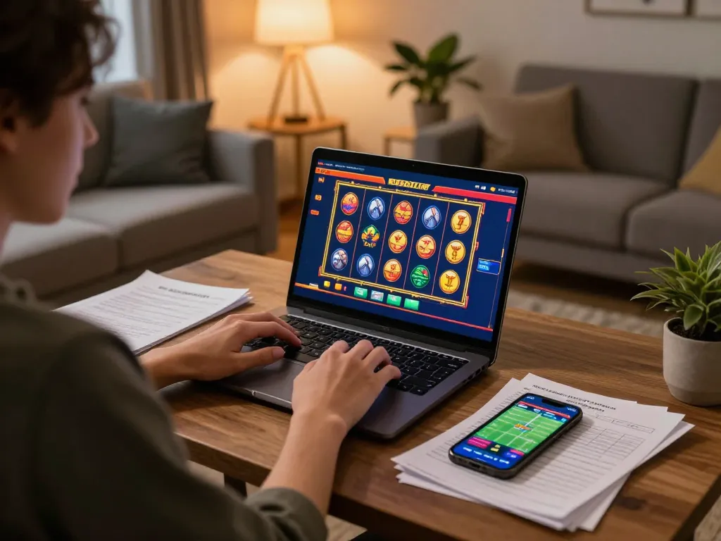 Bermain toto di laptop dengan antarmuka permainan slot yang cerah dan catatan strategis