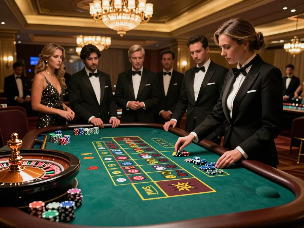 Players engaging with dr88 roulette table in a luxurious casino atmosphere.