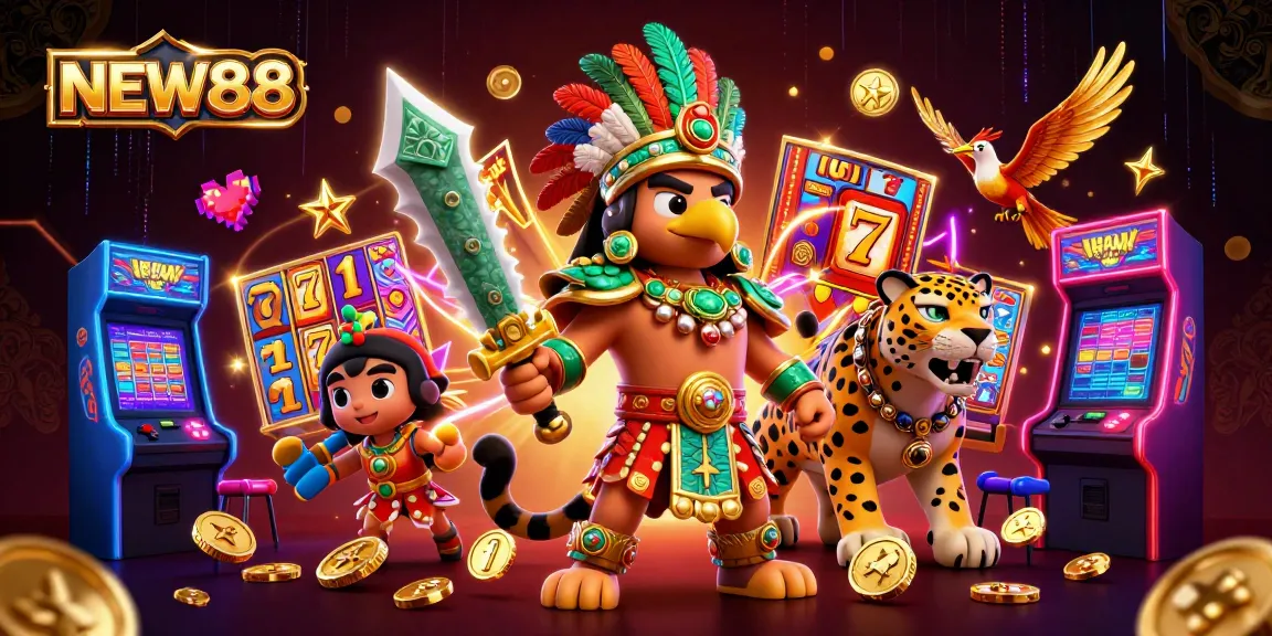 Engage with NEW88's vibrant casino atmosphere, showcasing thrilling slot machines and dynamic action.