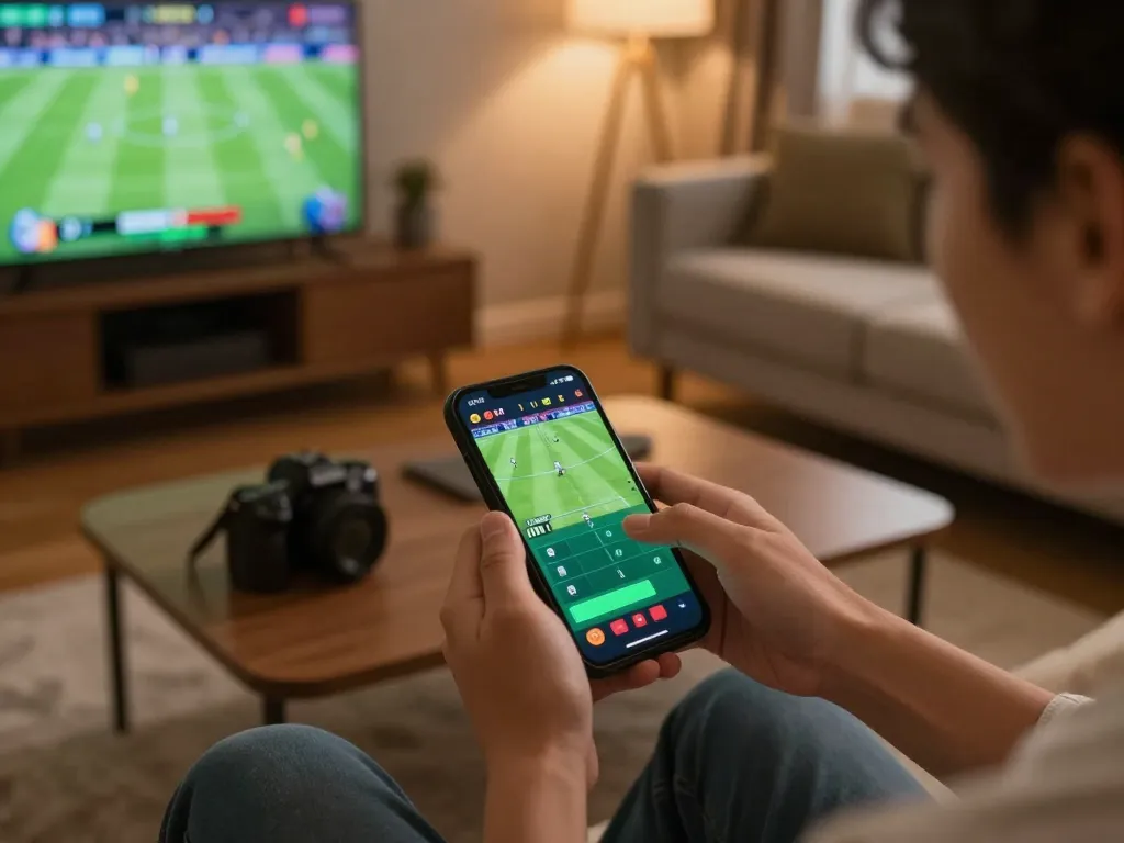 Person engaging with ALO8 betting app on smartphone, cozy home sports betting atmosphere.