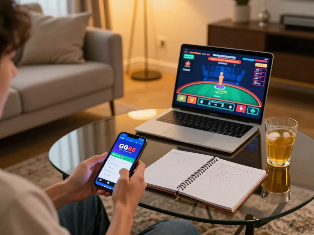 Engaging with the GG88 mobile app in a cozy living room setting, emphasizing online gambling