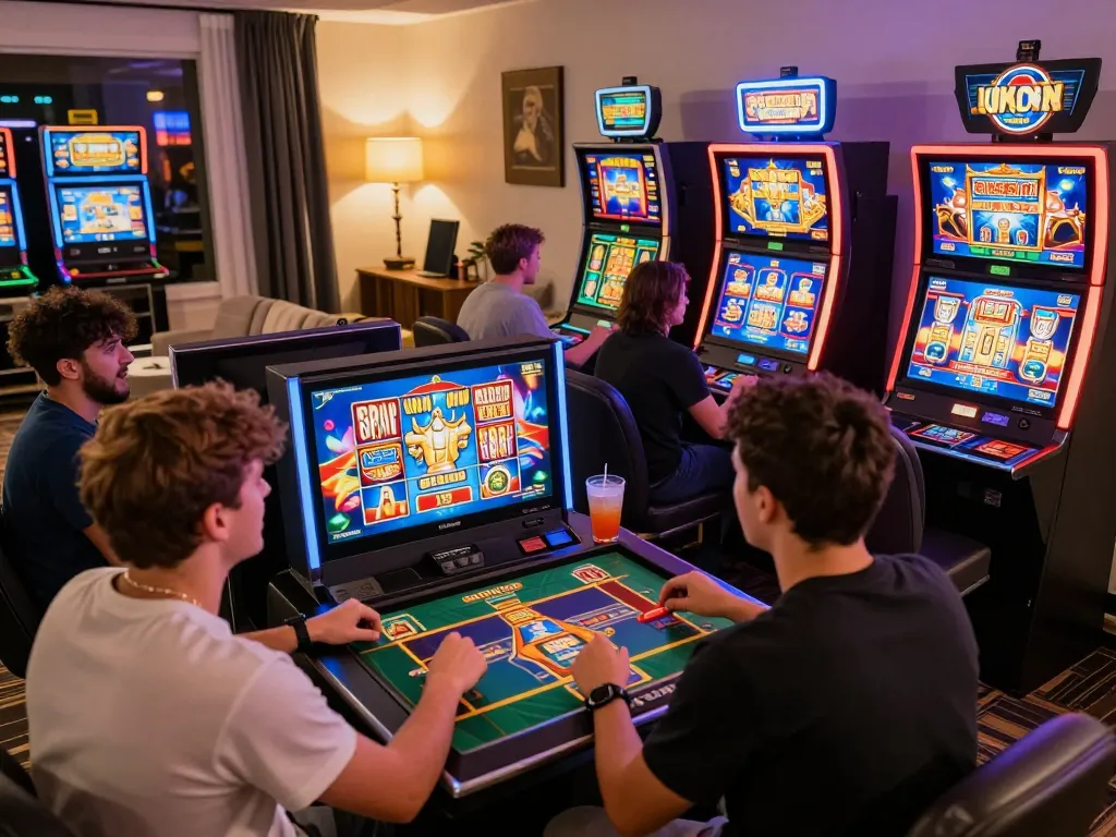 Nohu90 players enjoying exciting slot games in a lively online casino setting.