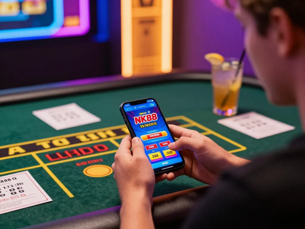 Engaging in NK88 mobile casino gameplay with vibrant screens and cozy lighting.