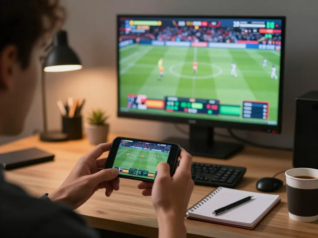 Player engaging in sports betting on 88aa using smartphone in modern home office setting.
