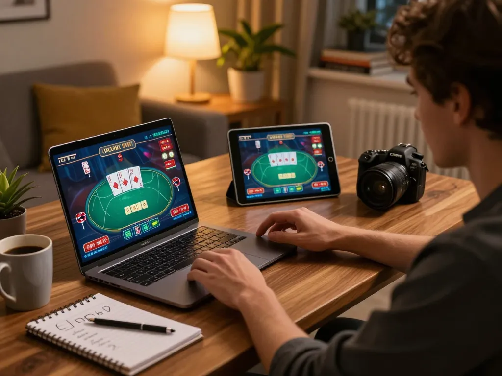 Experience intense gameplay on FIVE88 with a cozy home setup featuring poker action.