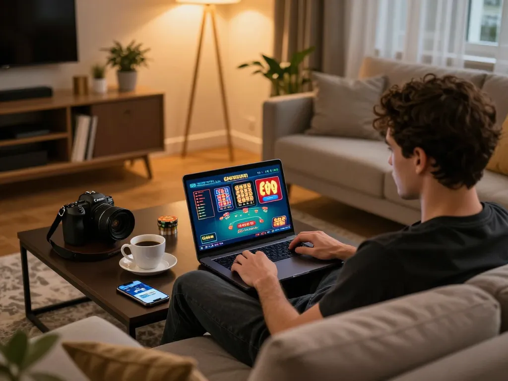 Engaged player enjoying online poker on 99ok from a cozy living room.