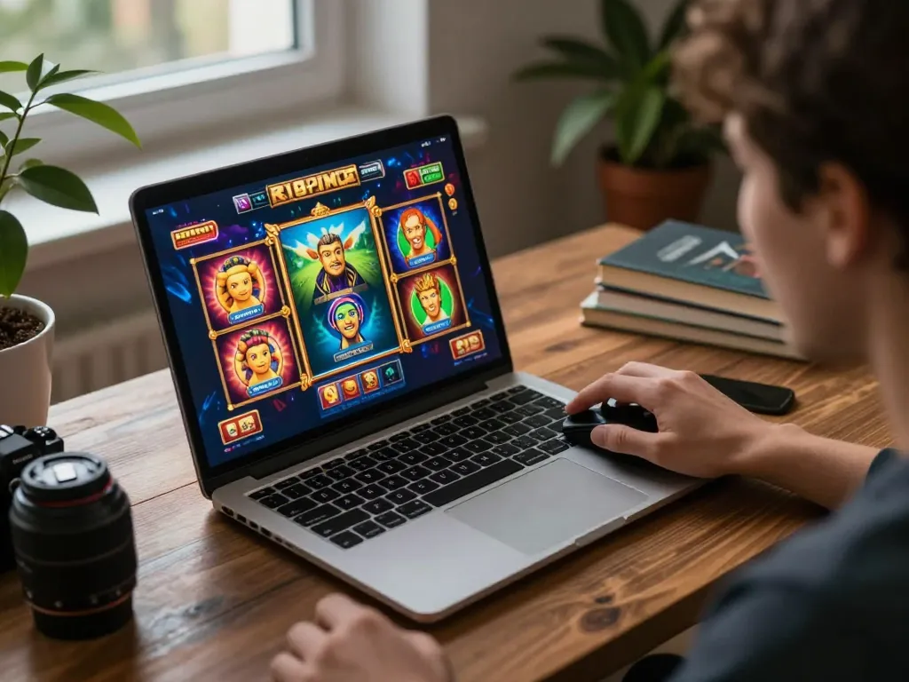Agen Slot gaming session on a laptop showcases vibrant slot graphics and player excitement