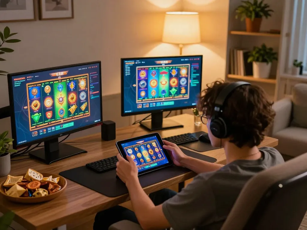 Player enjoying FC88 slot games on a tablet in a cozy home setting with strategic gaming atmosphere.
