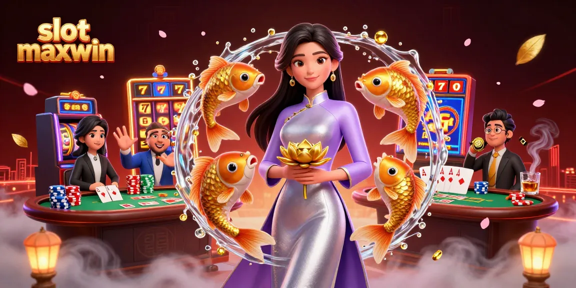 Spin slot maxwin reels with excitement, featuring an elegant woman holding a golden lotus.