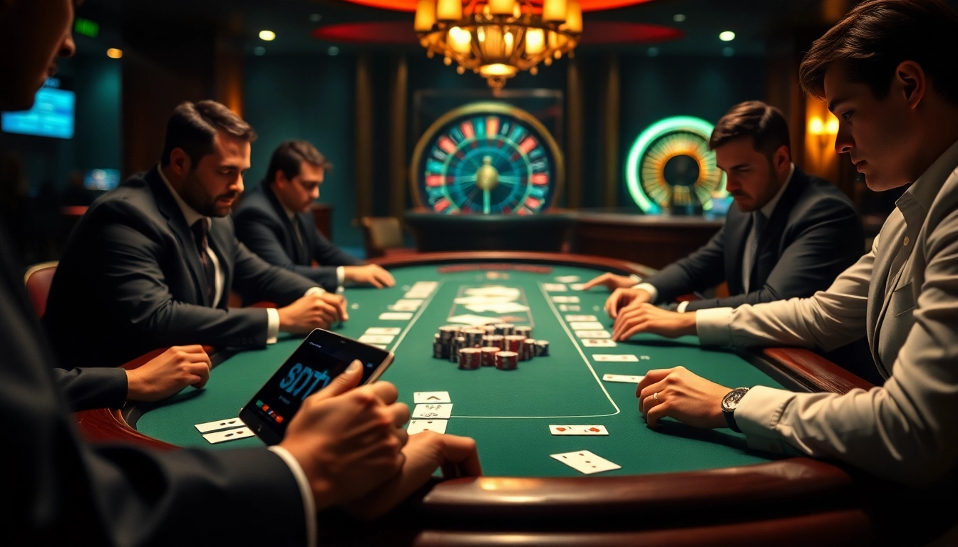 Players engage with BDTK1 betting software at a luxurious casino blackjack table