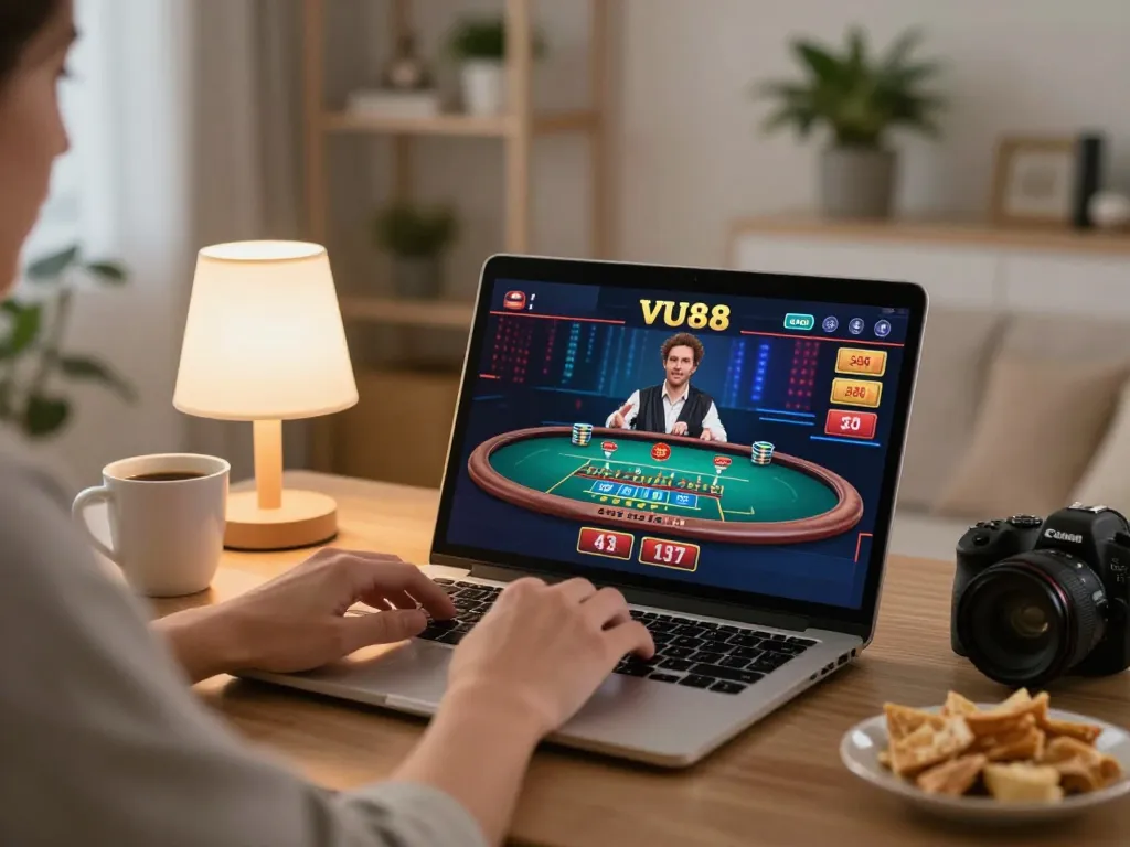 Player enjoying live dealer blackjack on VU88's platform at home with laptop setup.