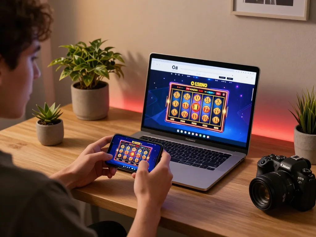 Playing O8 Casino on a smartphone while engaging with online slots in a cozy setup.