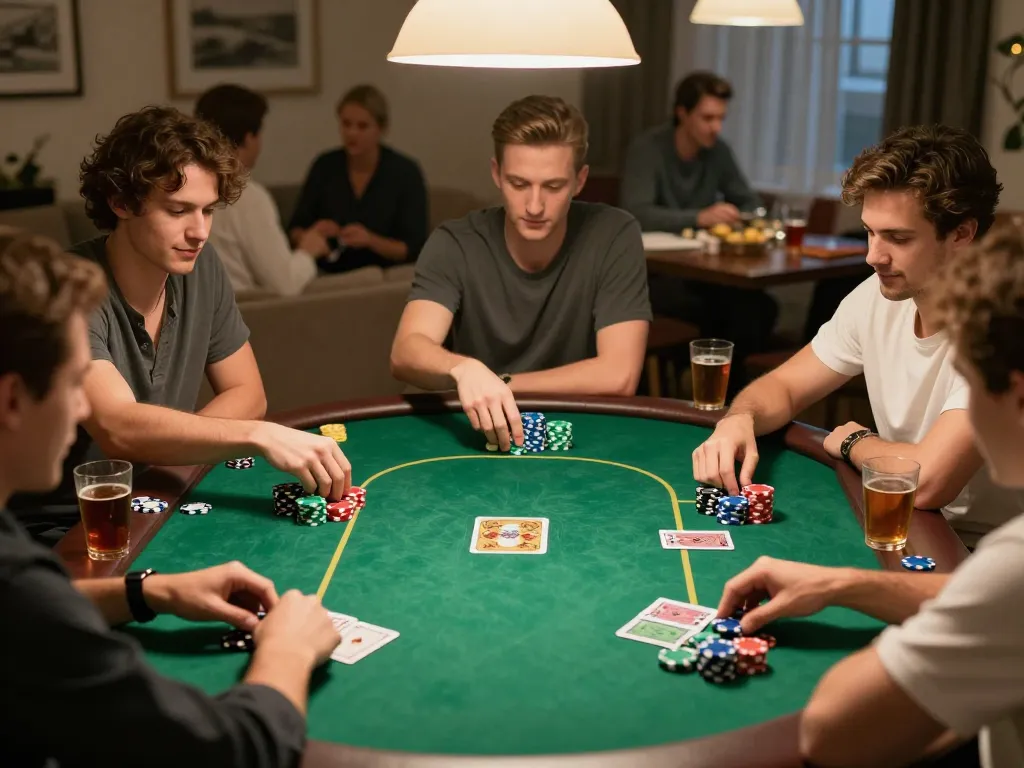 Friends enjoying a poker night at home with 388bet strategy notes and stacked chips.