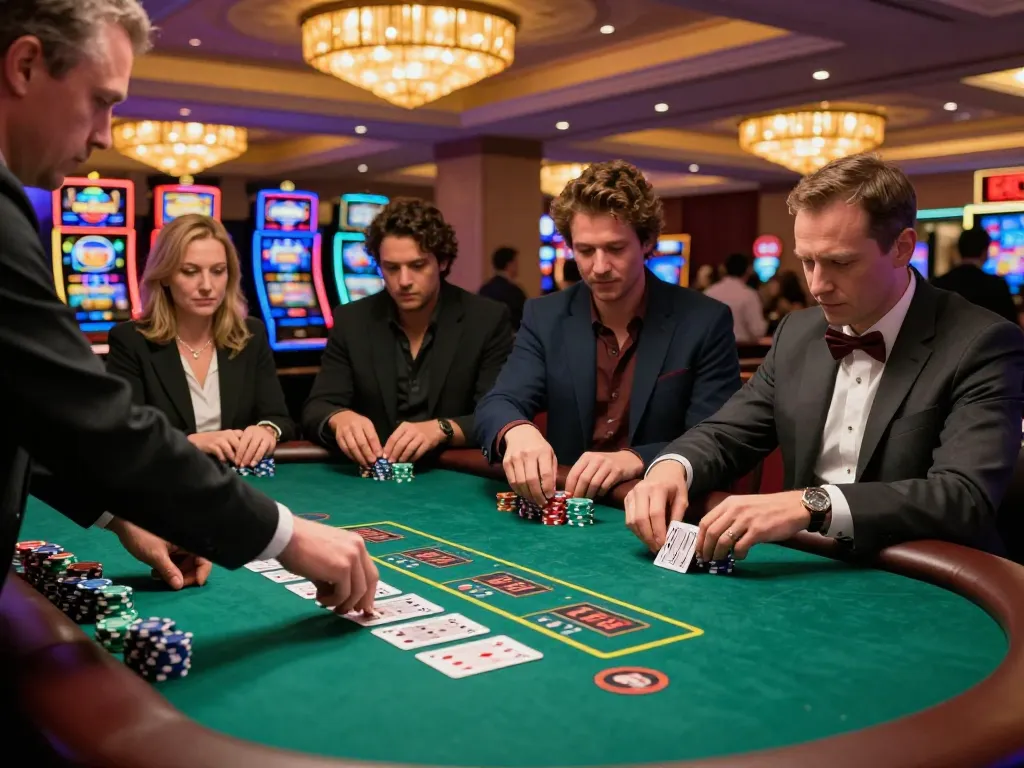 Players engaging in a high-stakes blackjack game at a casino table, highlighting fabet strategy and excitement.