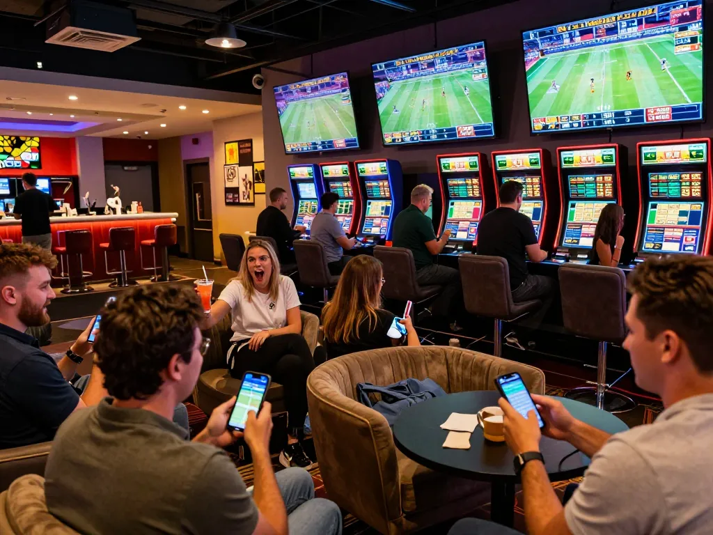 KONG88 players enjoying a vibrant sports betting lounge with engaging screens and social excitement