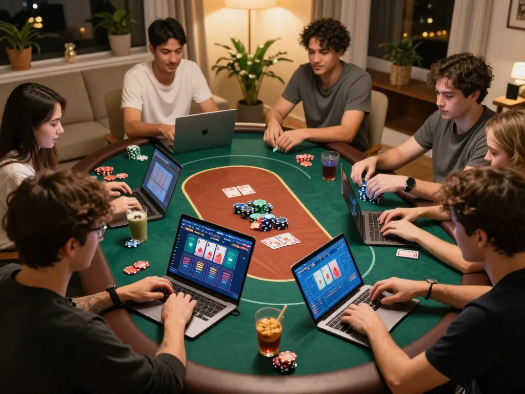 Players engaging in an exciting online poker game with red88 branding visible, showcasing dynamic gameplay and a cozy atmosphere.