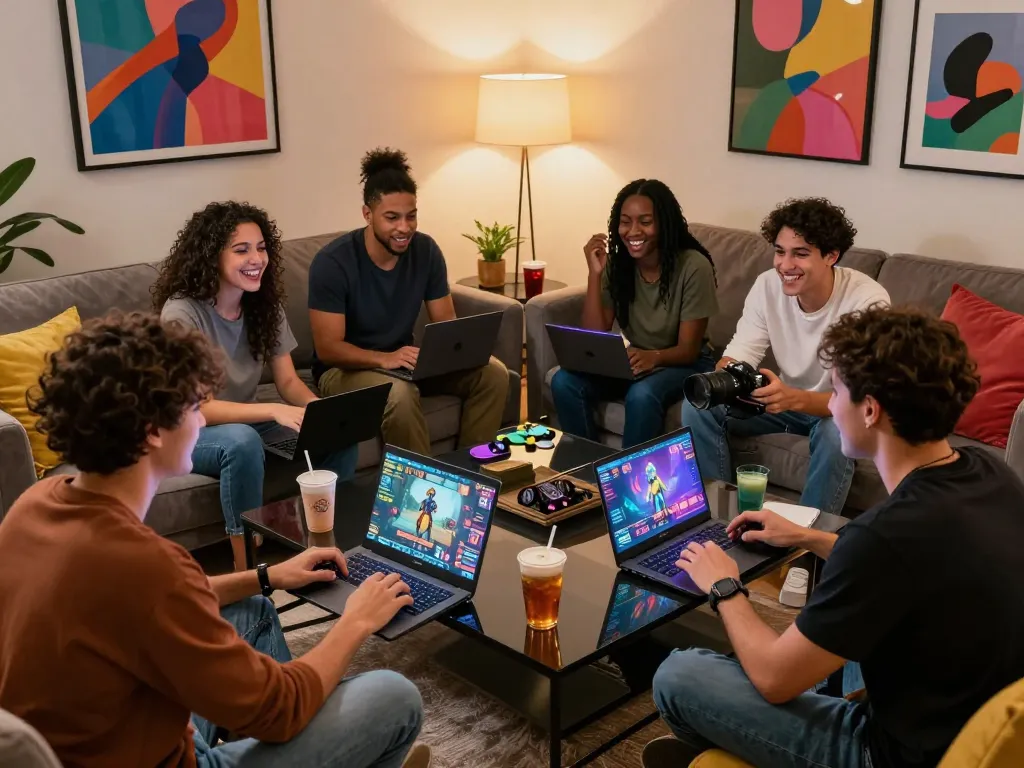 Group enjoying interactive sex games in a cozy living room with laughter and animated graphics.