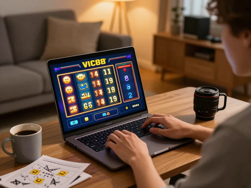 Engaging in VIC88 đổi thưởng online gaming with a laptop at home, showcasing a stylish and cozy environment.