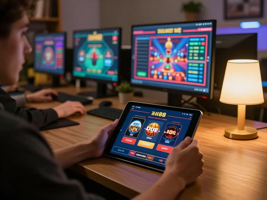 Engaging with dash88 online casino app during cozy gaming setup at home, capturing excitement.