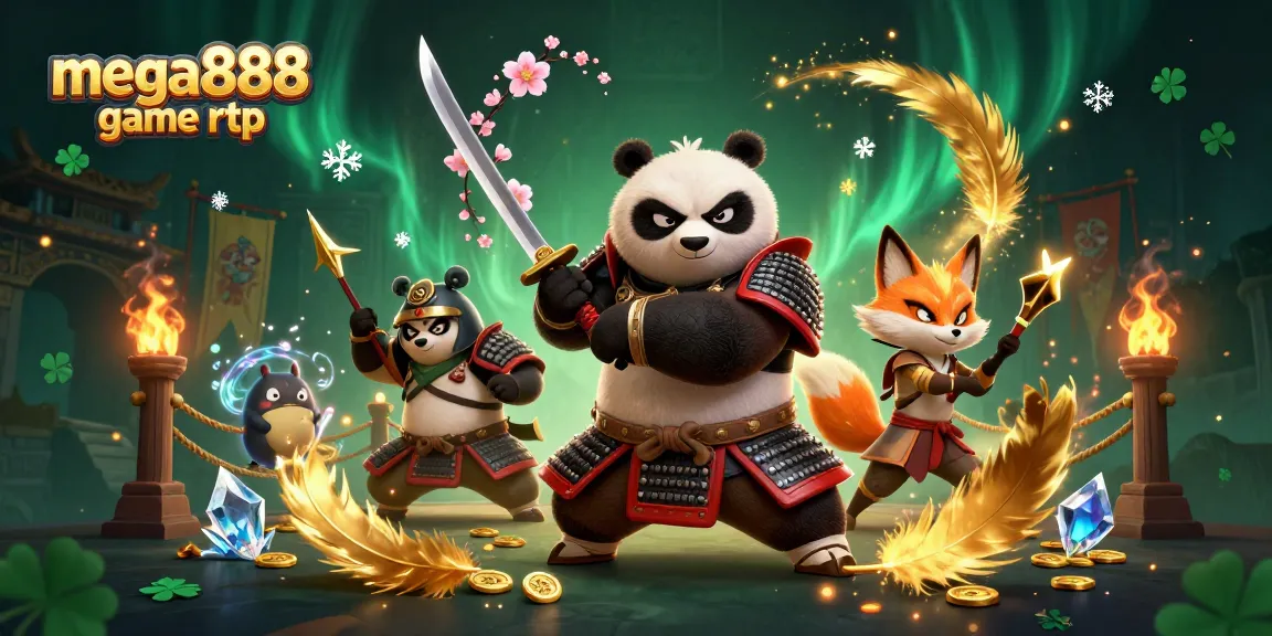 Engage with mega888 game rtp featuring a samurai panda and ninja fox in a dynamic casino scene.
