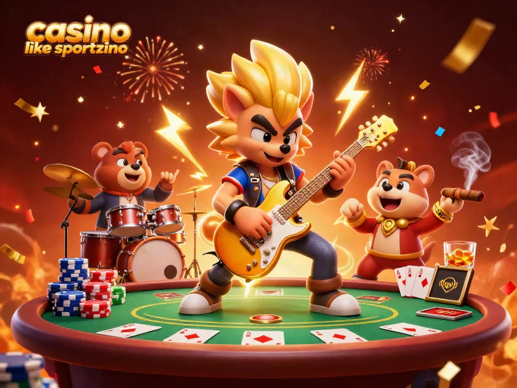 Experience the thrill of casino like sportzino with a rock star wolf and drummer bear amid vibrant casino elements.