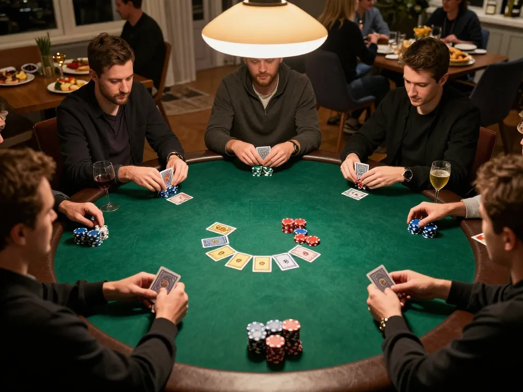Join the lively DEBET poker game with friends at home, showcasing engaging gameplay and social interaction.