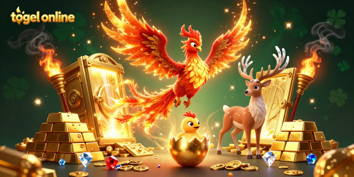 Play togel online excitement with a fiery phoenix and mystical stag amidst golden treasures and gems.