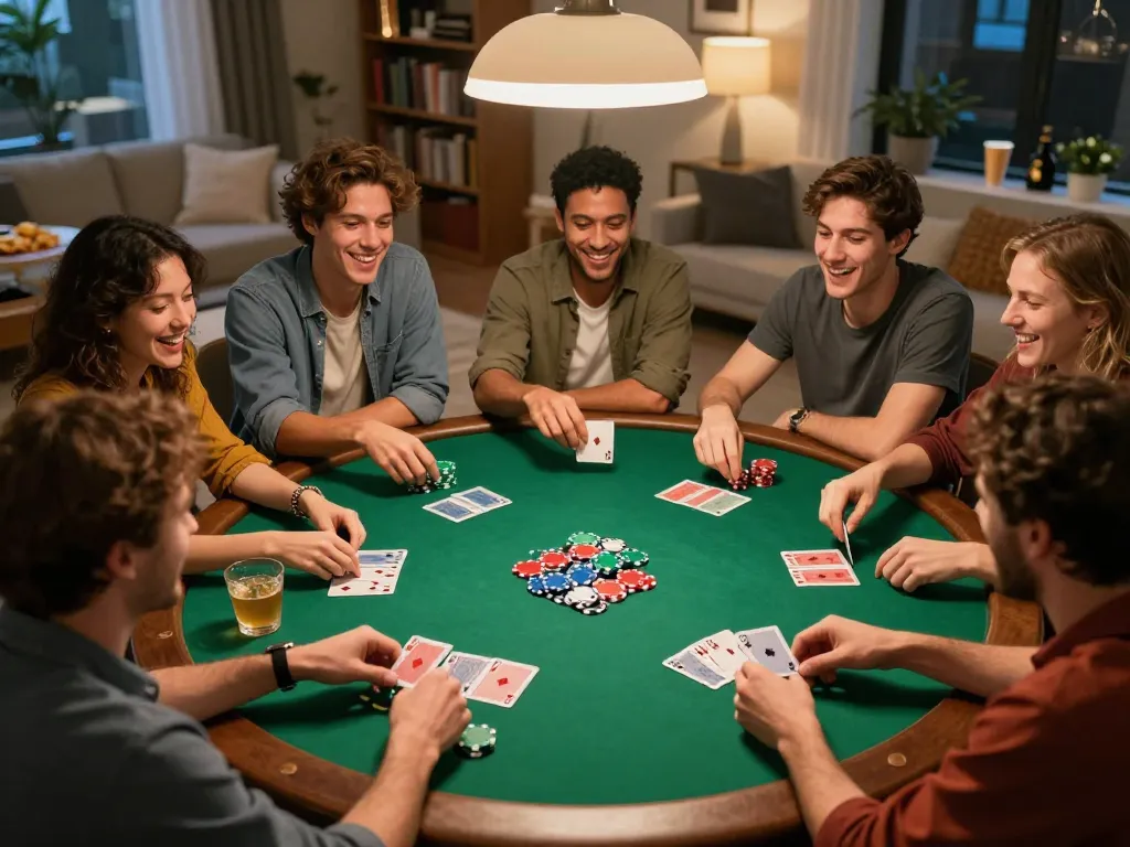 IWIN poker night with friends at home, vibrant cards and chips in play, showcasing social gaming excitement.