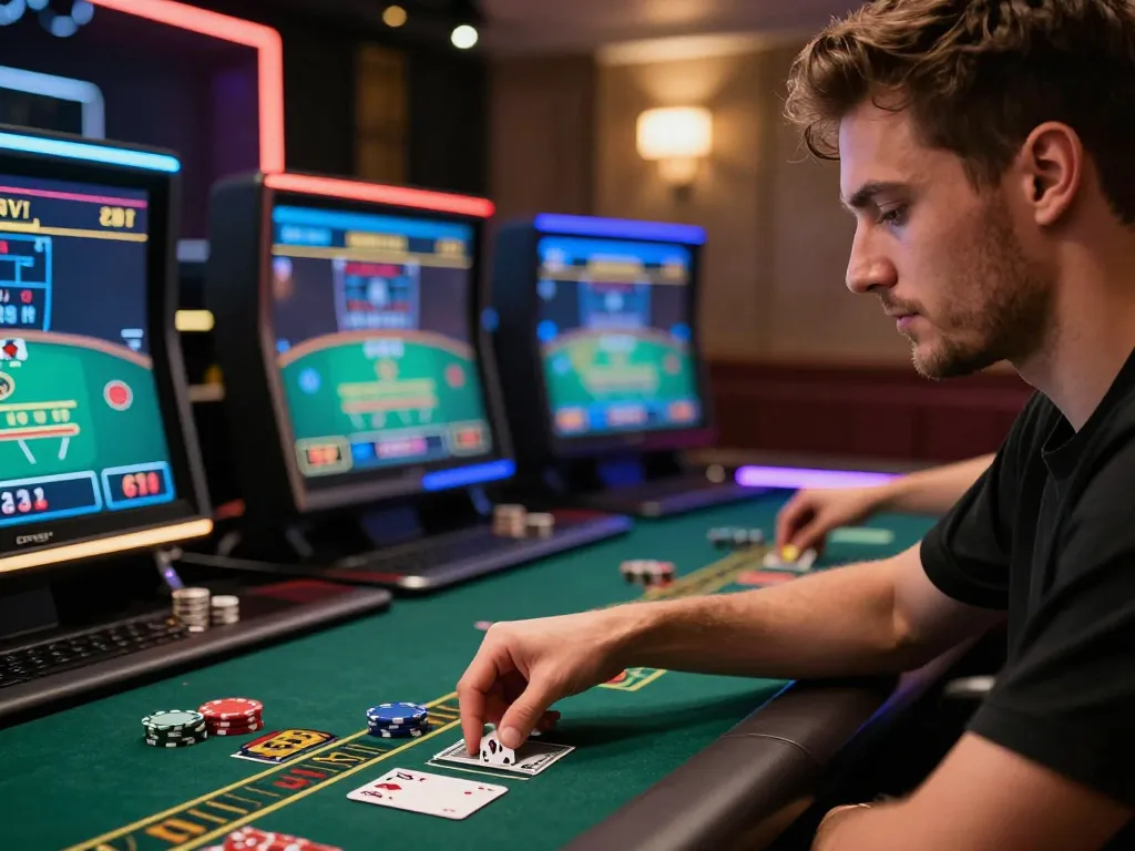 SIN88 player strategizing during a blackjack game at an upscale online casino setup