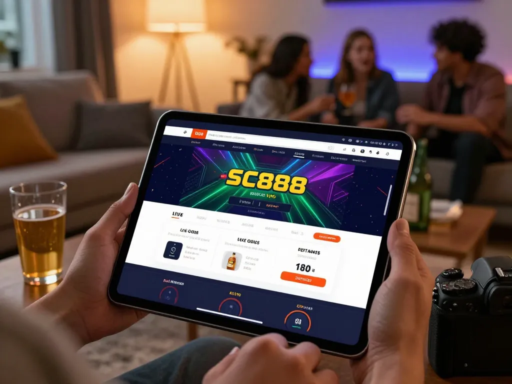 SC88 app interface displaying live sports betting options on a tablet in a cozy living room