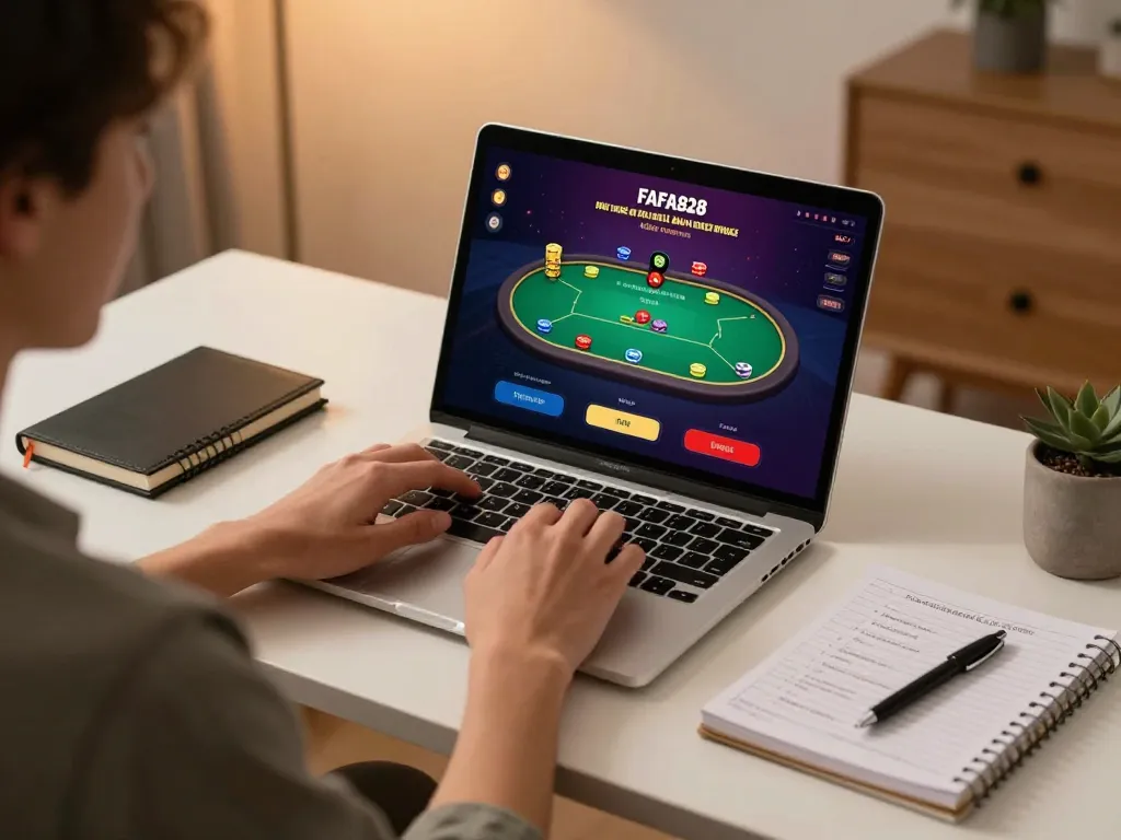 FAFA828 player engaging in poker gameplay on laptop, showcasing strategic gaming experience.