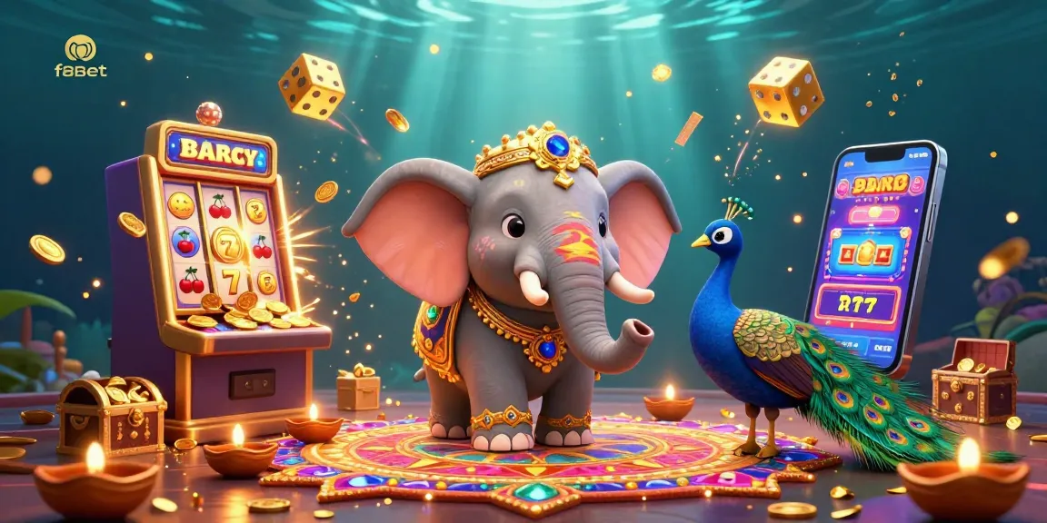 Experience the vibrant world of f8bet with a dynamic jackpot scene showcasing an elephant, peacock, and a multitude of exciting casino elements.
