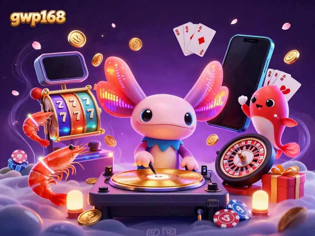GWP168 menghadirkan pengalaman bermain slot dengan DJ axolotl neon yang memukau dan elemen kasino.