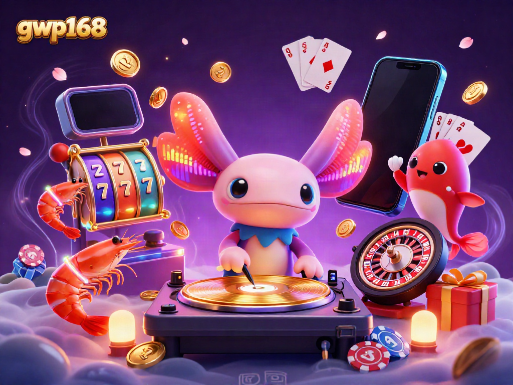 GWP168 menghadirkan pengalaman bermain slot dengan DJ axolotl neon yang memukau dan elemen kasino.